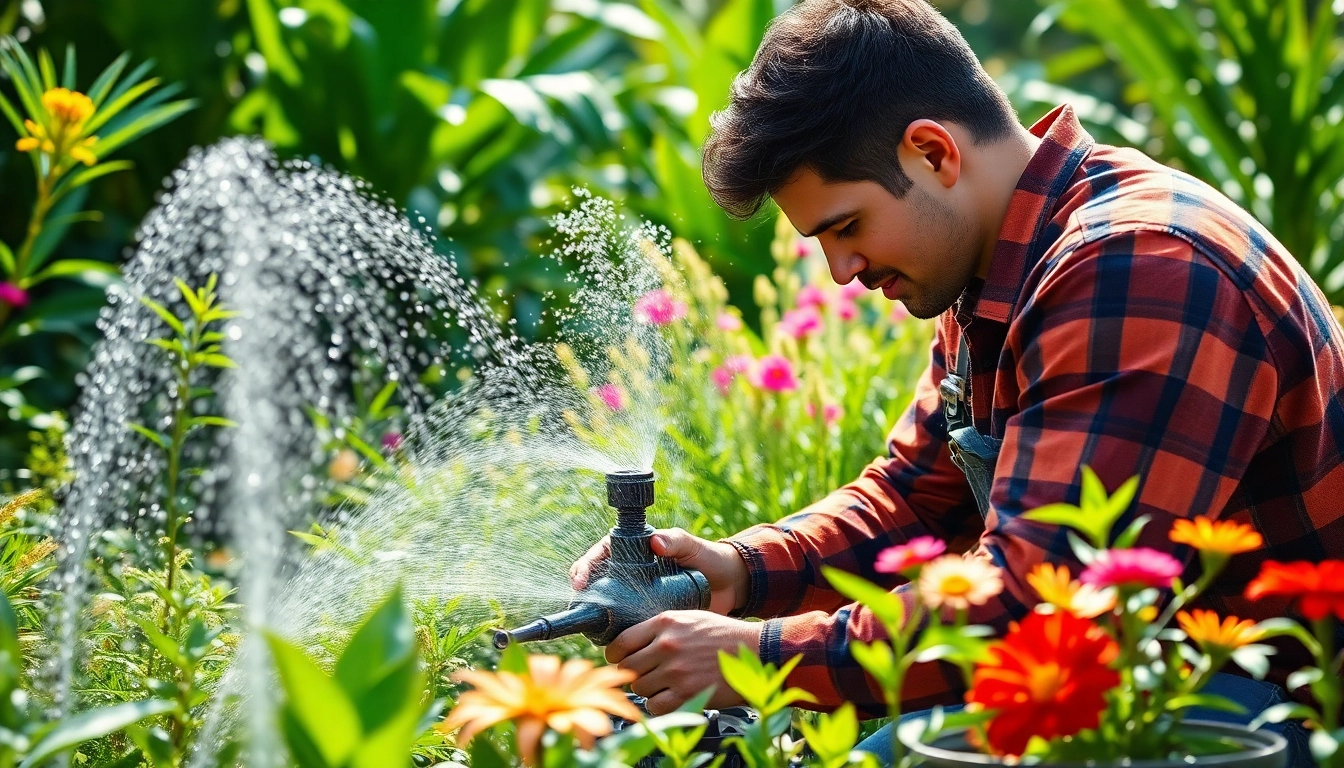 Irrigation system installation Bay Area performed by a professional in a vibrant garden.
