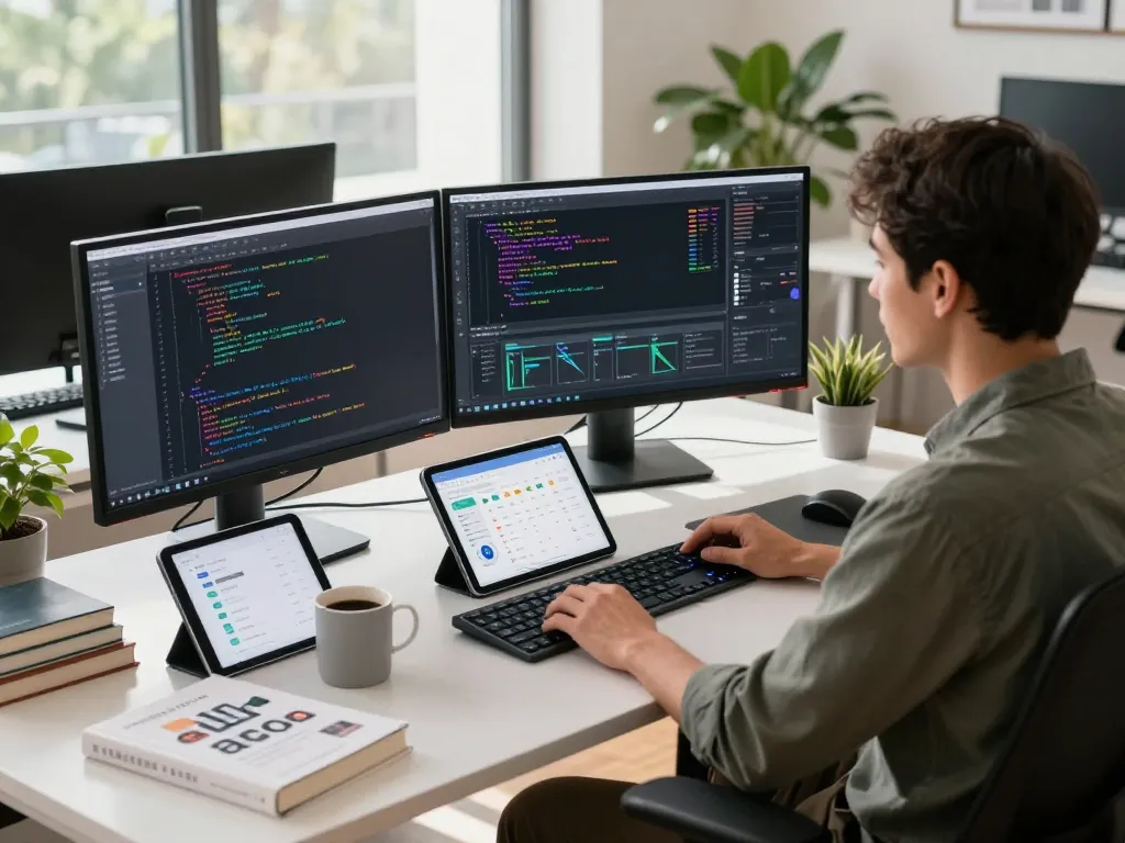 Developer immersed in coding using advanced software tools in a vibrant workspace, showcasing wps technology.