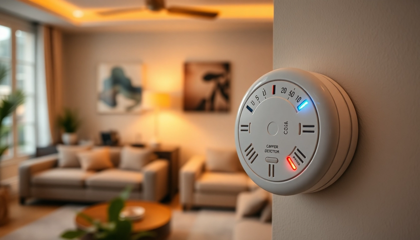 Carbon monoxide detector beeping alarm highlighting safety measures in a warm home setting.