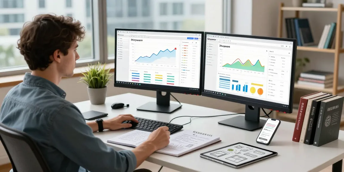 SP Webconsulting freelancer in a professional e-commerce workspace analyzing Shopware solutions.