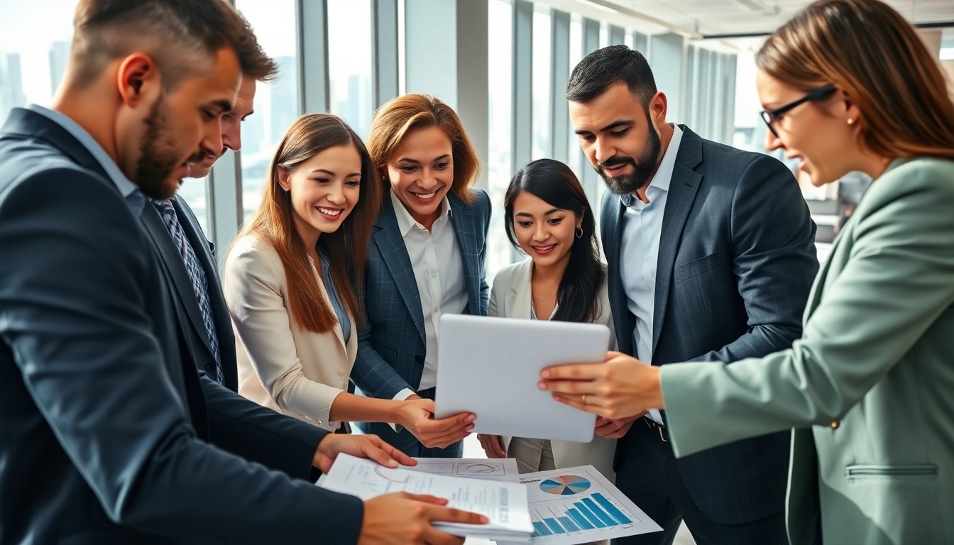 Engaging scene of Quickplus Business Consultants collaborating in a modern office environment.