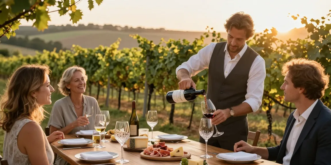 A sommelier pouring Chatoo wine during a vineyard tasting with cheese and charcuterie.