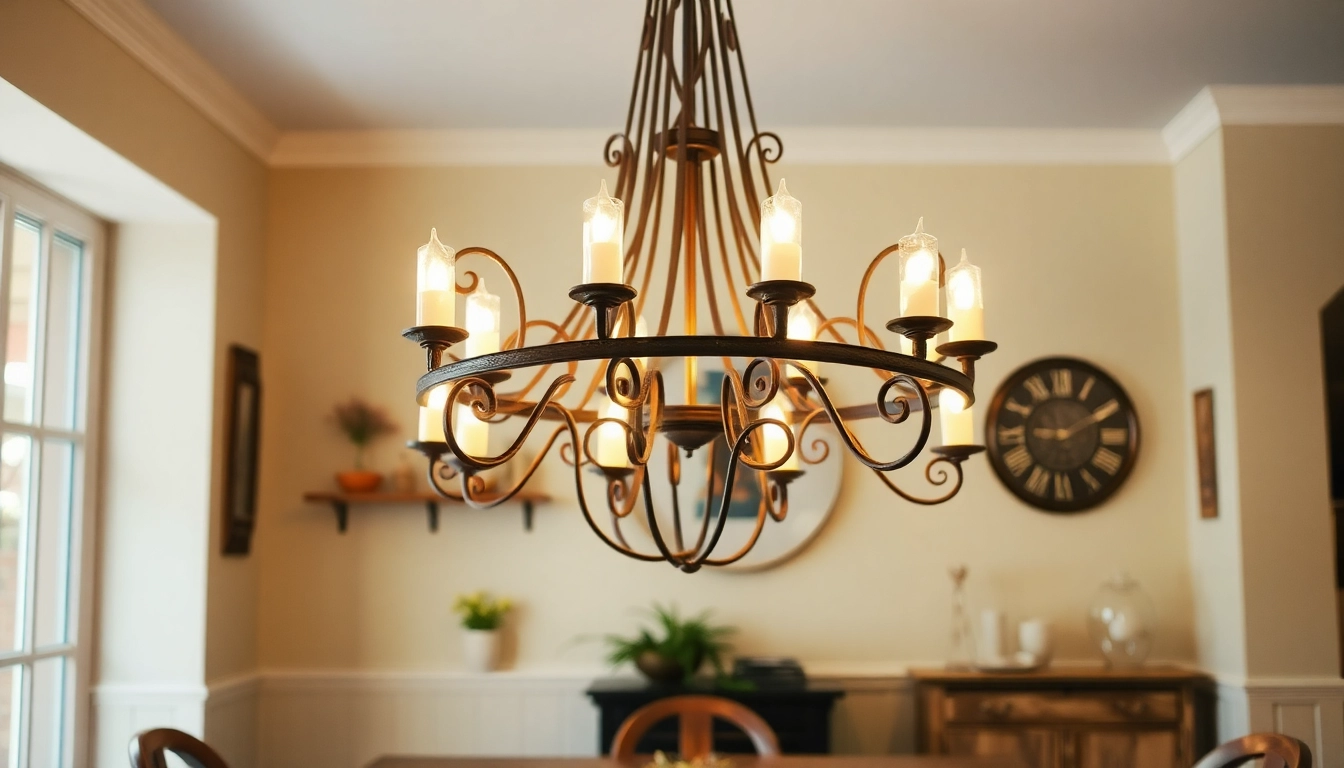 Stylish island chandelier illuminating a rustic dining area with a warm ambiance.