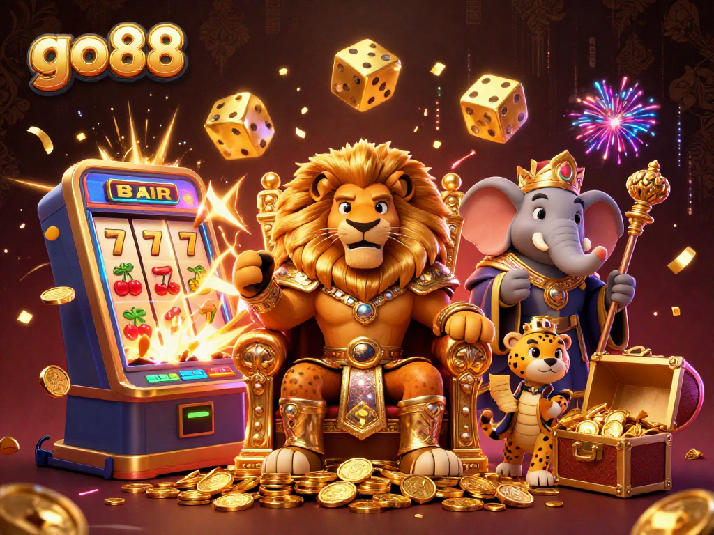 Engage with go88, featuring a lion king, colorful casino games, and a jackpot explosion.