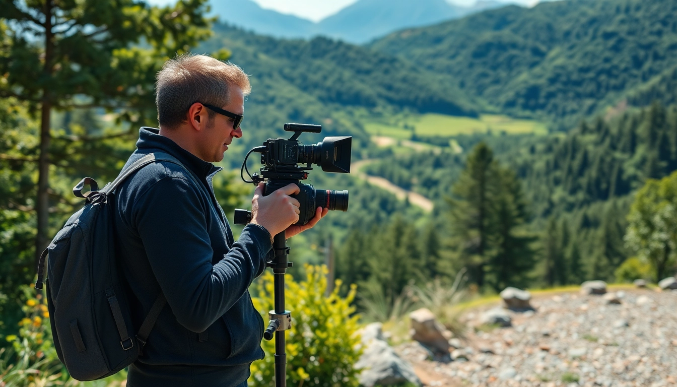 Location scouting by a videographer in a scenic outdoor setting with lush greenery.