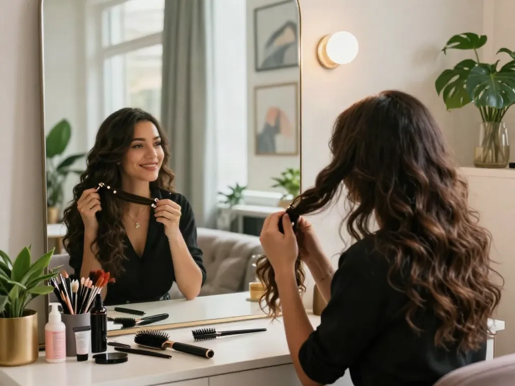 Stylish woman applying seamless hair extensions clip in at a chic vanity, showcasing beauty and confidence.