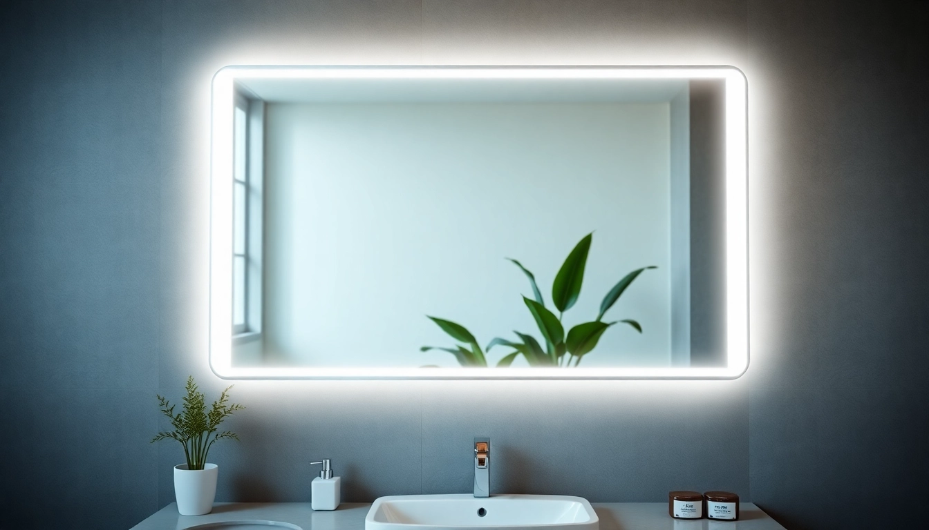Stylish elegant led mirror enhancing a modern bathroom setting with ambient lighting.