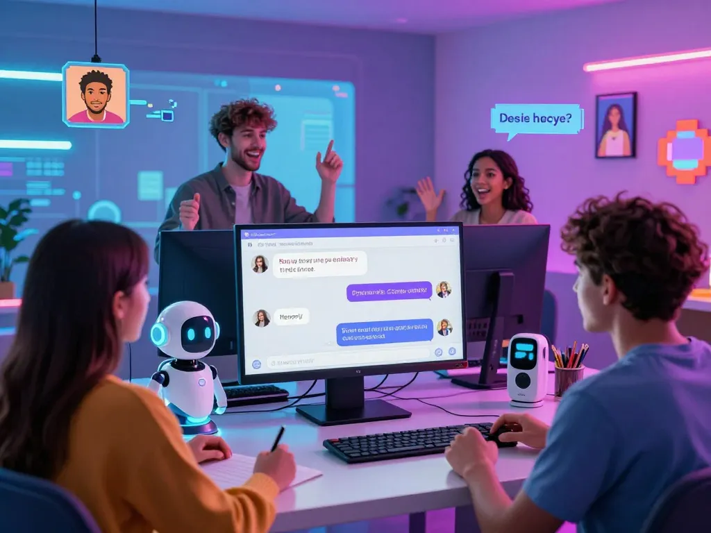 Interactive chat room for free AI sex chat, showcasing friendly AI and engaged avatars in vibrant digital space.