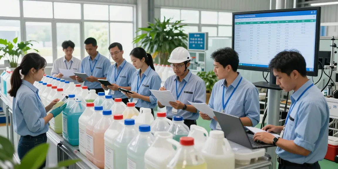 Organic chemicals exporter team collaborating on logistics and quality control in a bright industrial facility.