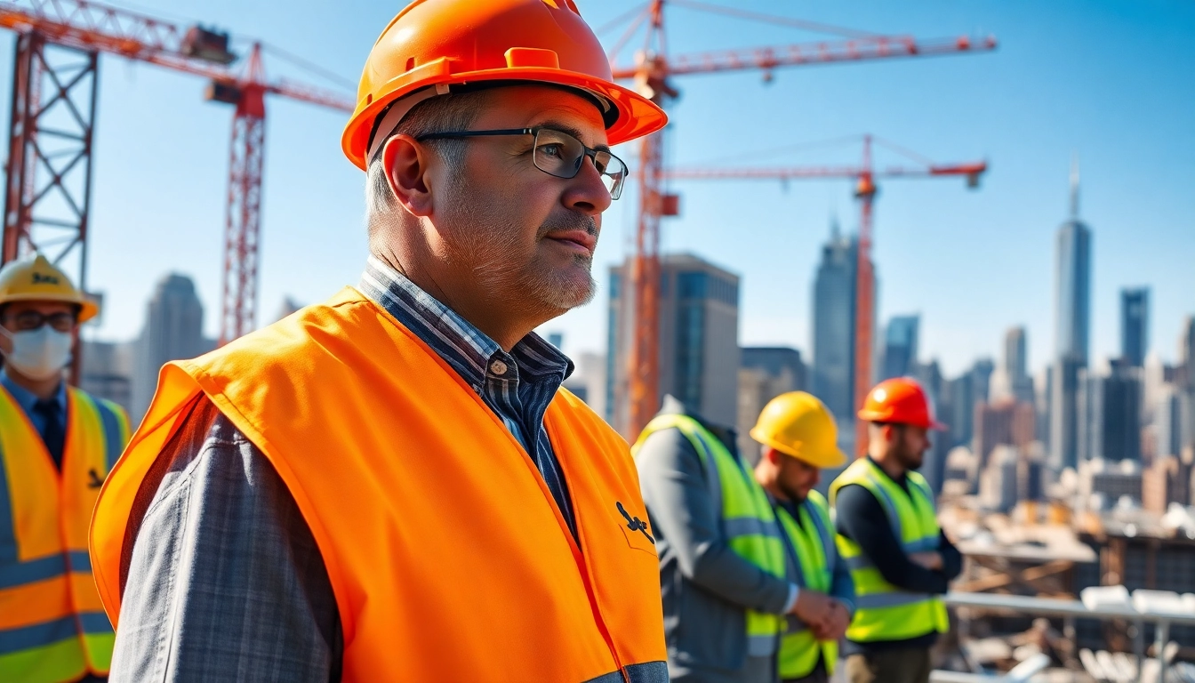 New York City construction manager supervises a bustling construction site with cranes and urban skyline.