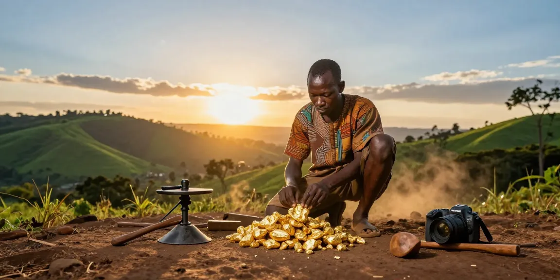African gold exporters feature Ugandan miner inspecting gold nugget with scenic hills in the background during sunset.
