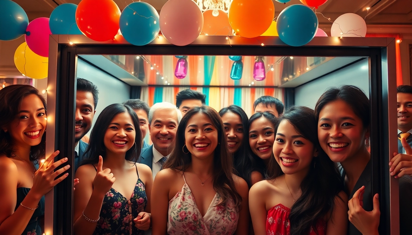 Guests laughing and posing in a photo booth rental at a wedding reception.