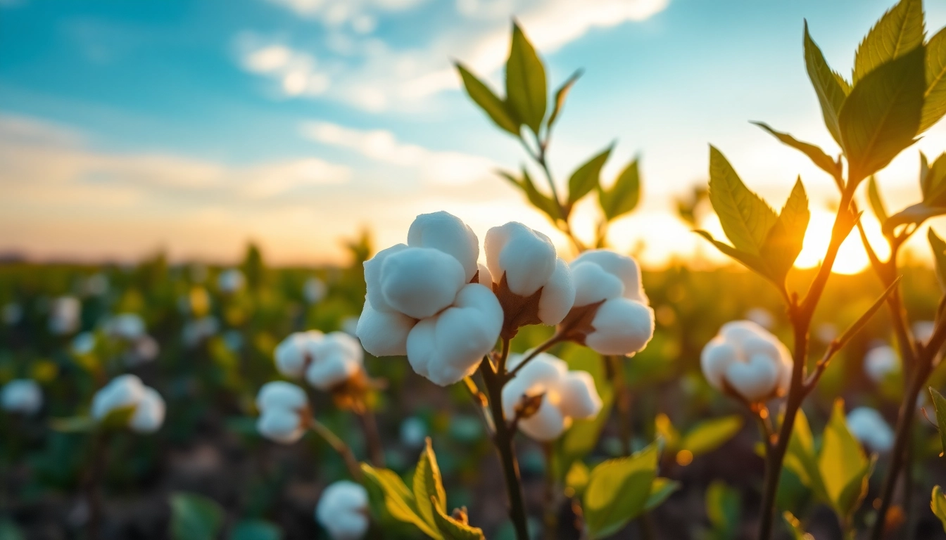 Katoenplant in een serene omgeving met zonnige verlichting, perfecte reflectie van natuurlijke schoonheid.