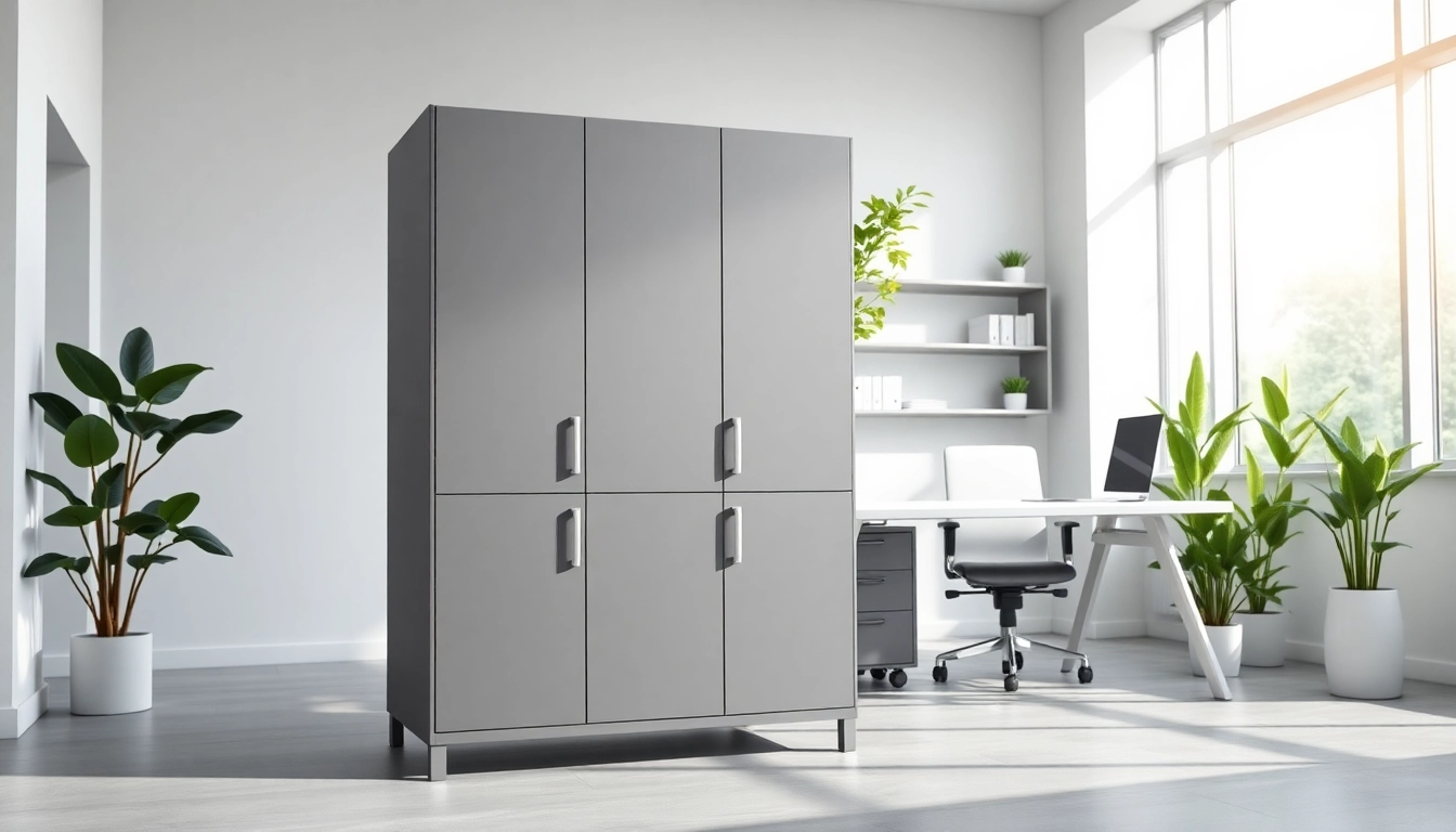 Store essential items neatly in a sleek, modern steel cabinet with stylish design features.