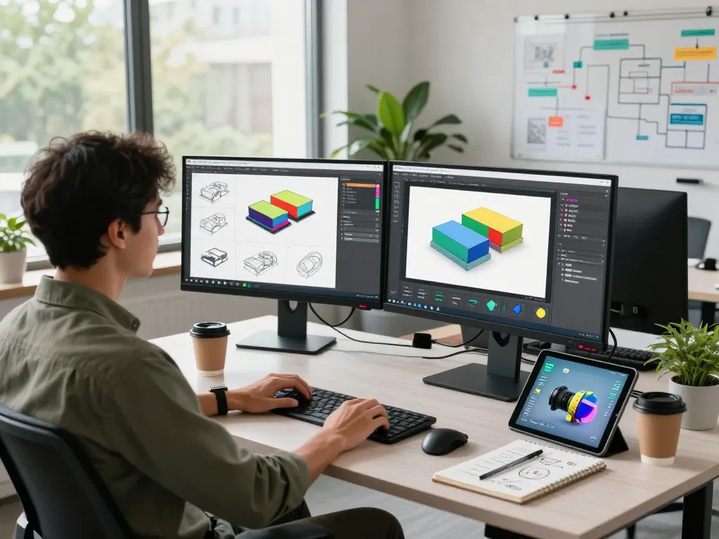 Developer engaging with 3D product configurator software in a modern office setting, showcasing interactive design elements and vibrant 3D models.