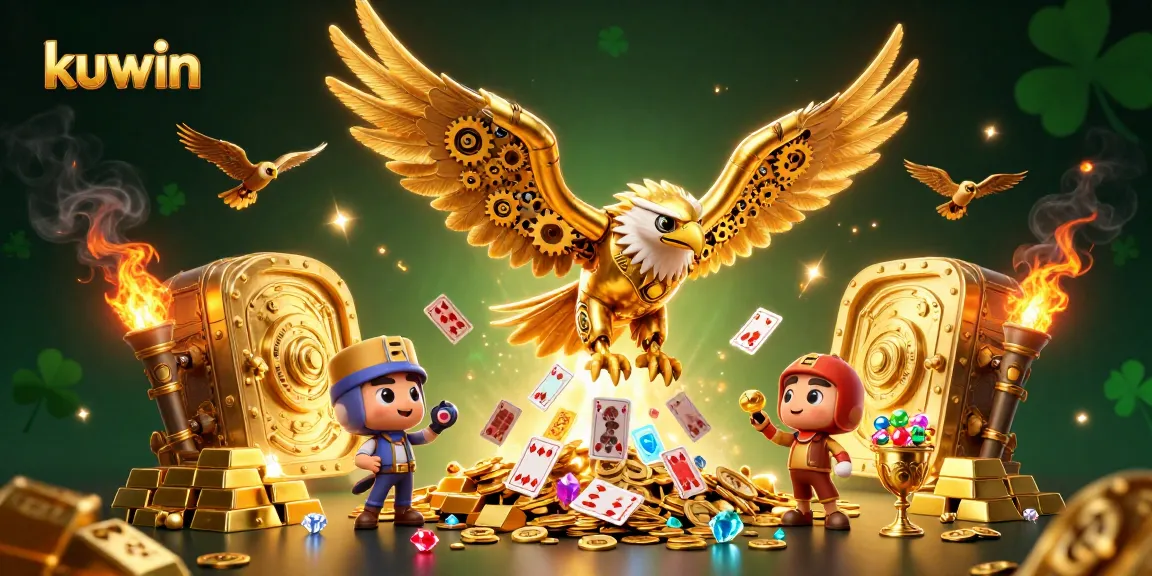 Kuwin offers thrilling gameplay with golden treasures and a cartoon golden eagle amidst exciting casino fun.