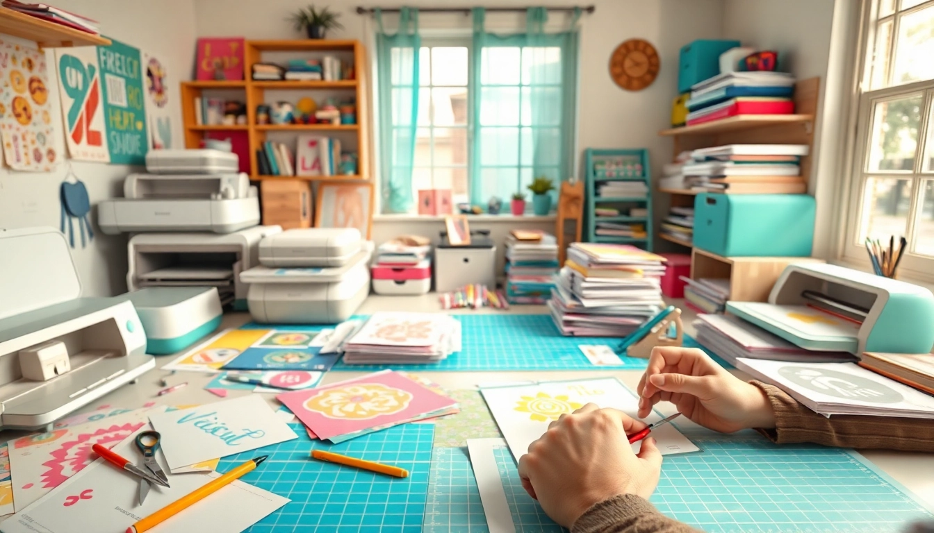 Cricut SVG designs in a vibrant crafting workspace with Cricut machines.