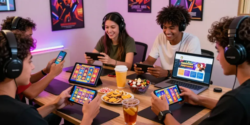 Friends enjoying slot gacor games on mobile devices in a vibrant gaming setup.