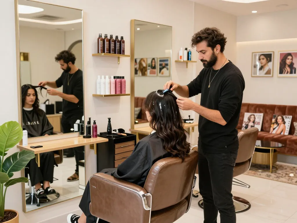 Stylist applying color in the best hair salon Dubai, showcasing a luxurious salon environment with elegant decor.