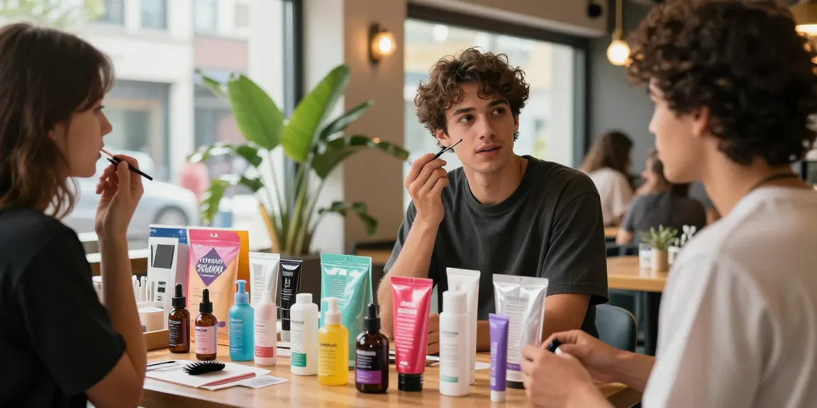 Youth engaging with looksmaxxing products in a trendy urban café, highlighting grooming and skincare options.