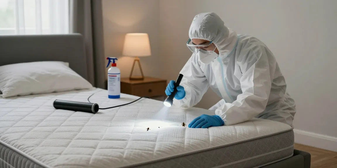 Bed bug removal process in a cozy bedroom, exterminator inspecting a mattress with tools and soft lighting.