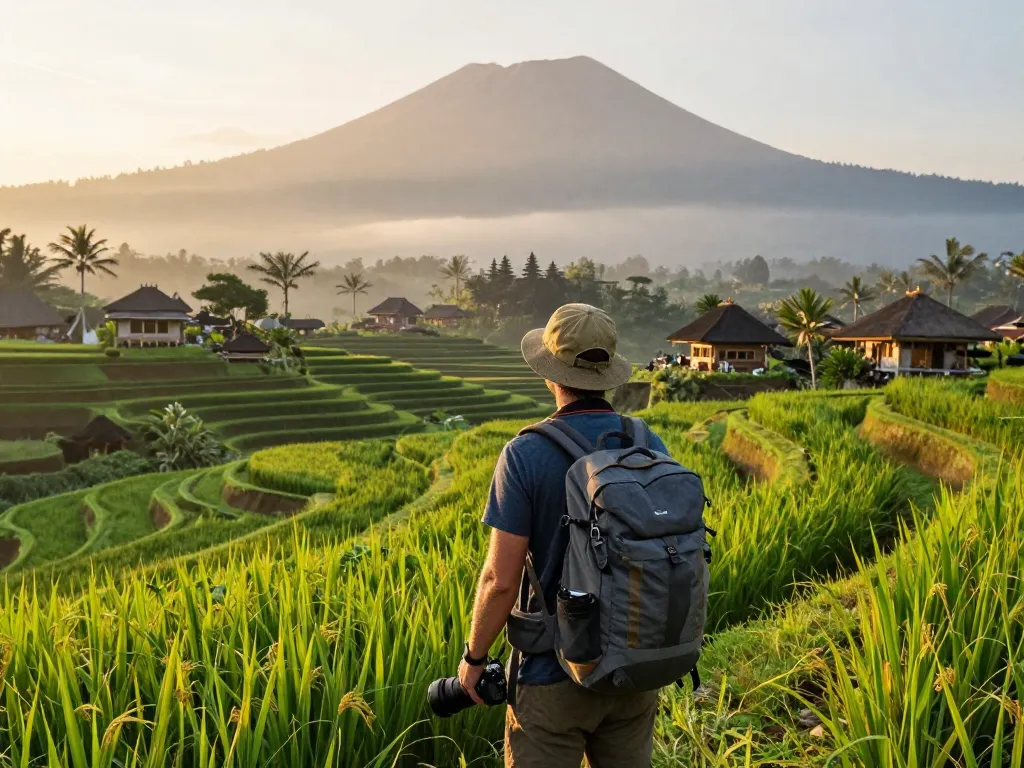 Bali tour experience at lush rice terraces, showcasing vibrant landscapes and early morning light.