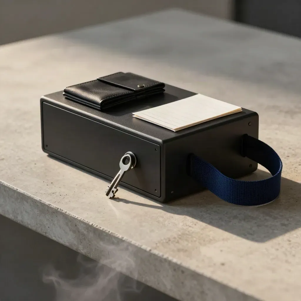 Matte-black dispatch desk block beside a rolled strap and folded note on pale concrete.