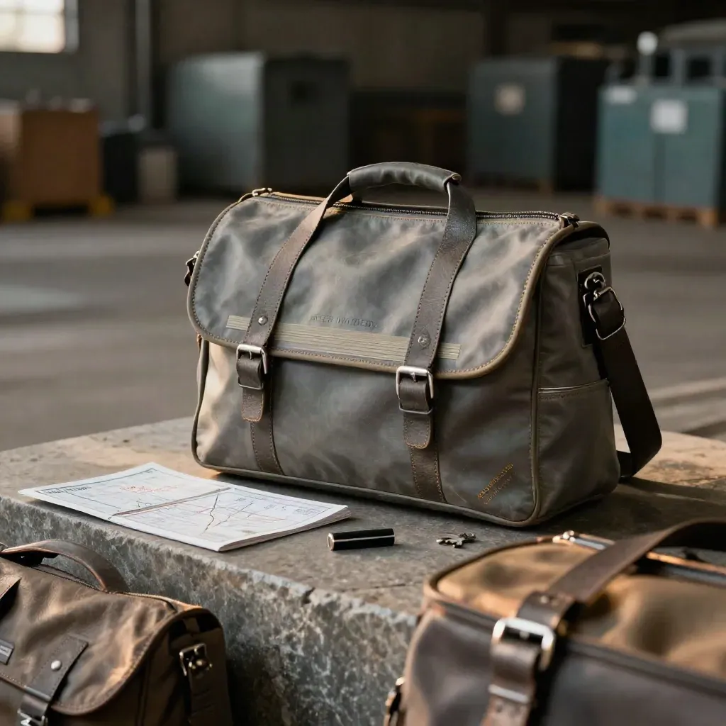 Graphite route pack sliding from a courier satchel on stone, lit with moody rim light.