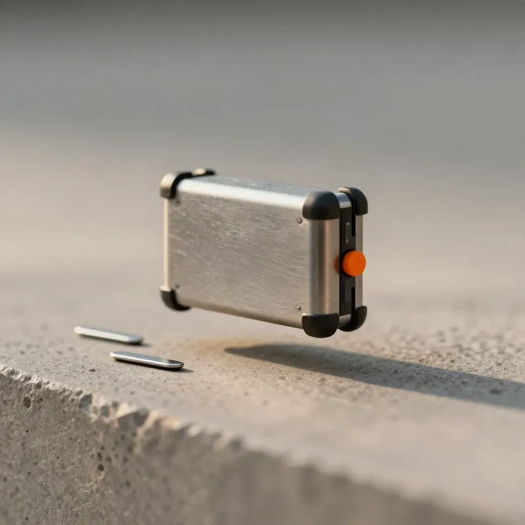 Brushed metal courier module with orange chip and two route tokens over pale concrete, centered in haze.