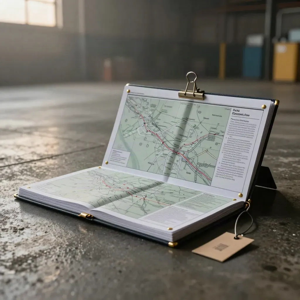 Charcoal pickup-plan folio, route cards, parcel tag and clip on a rain-sheened loading-bay slab.