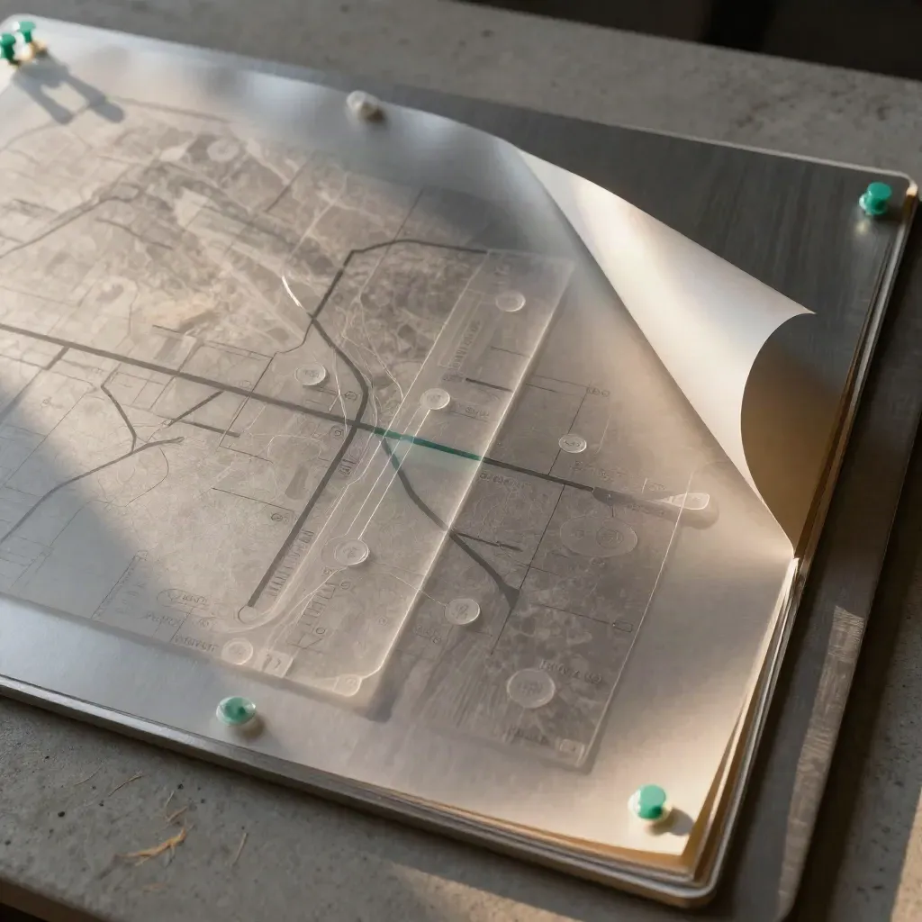Layered route audit board with translucent overlays and a lifted corner on pewter.