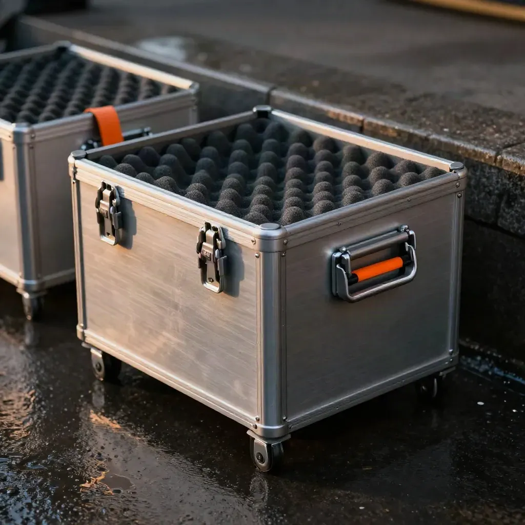 Brushed aluminum transfer crate on wet stone with orange accents and cool vapor