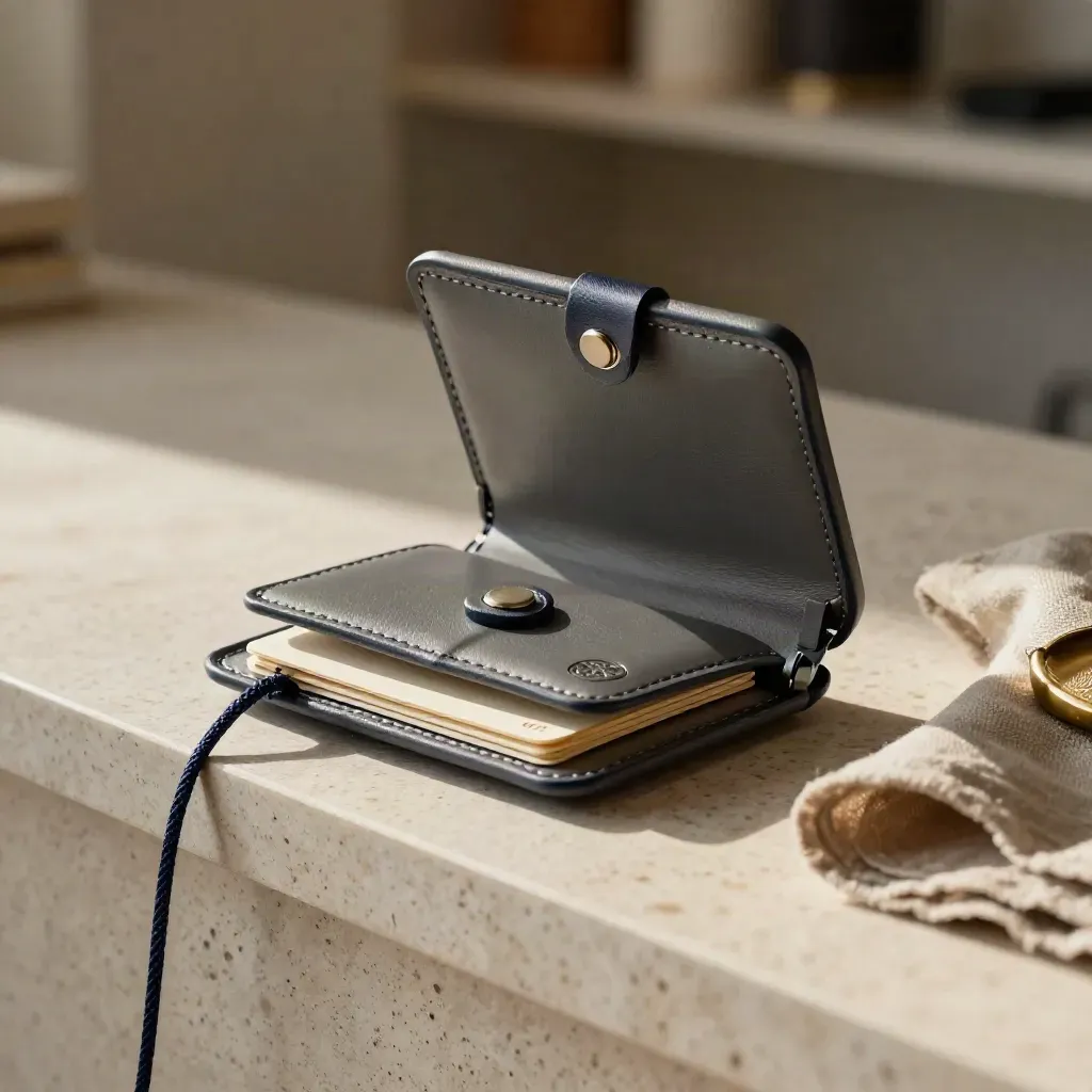 Timing pass case with cards, latch, cord, and linen on travertine.