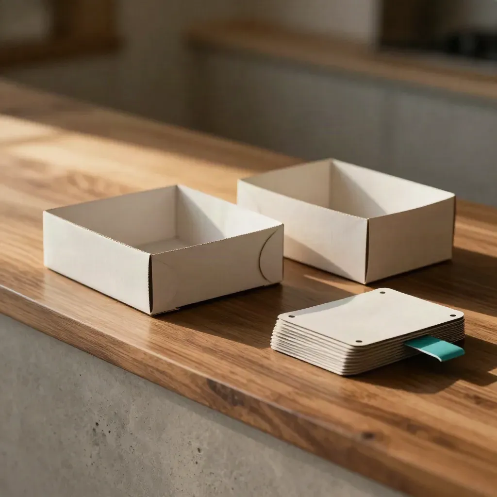 Off-white retail support kit with crate divider, wrap loop and teal accent on warm stone.