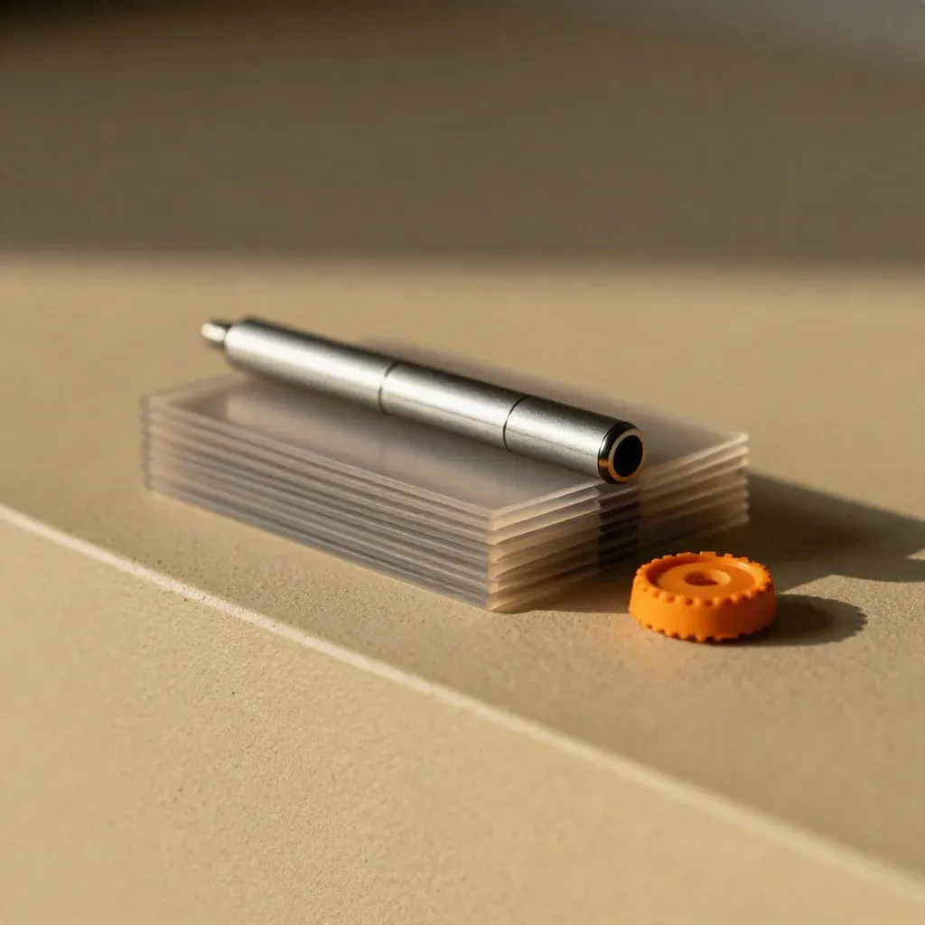 Macro of translucent tracking sleeves, marker bar and status token on khaki plaster.