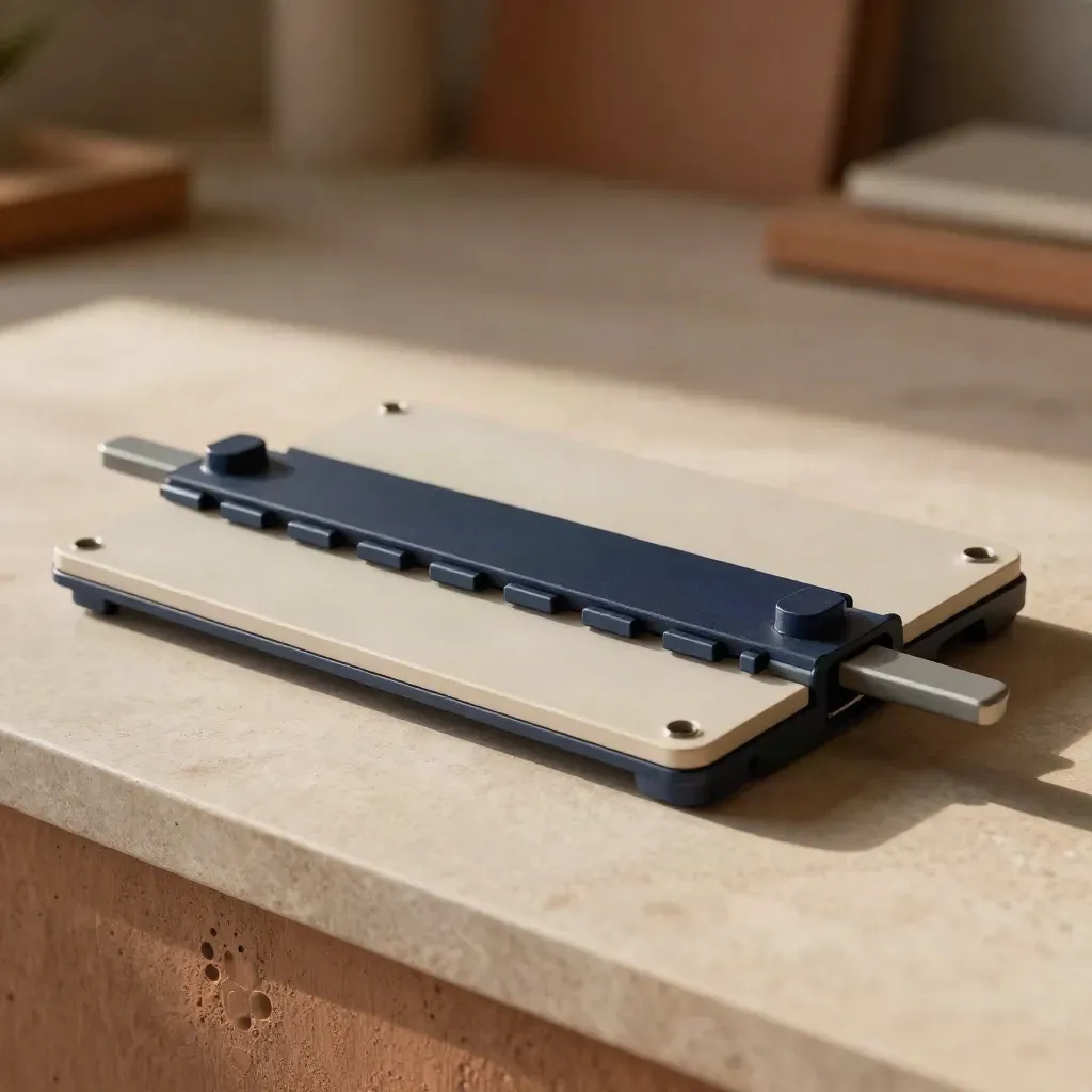 Modular route board with rails and blocks on pale stone, low angle, navy accents