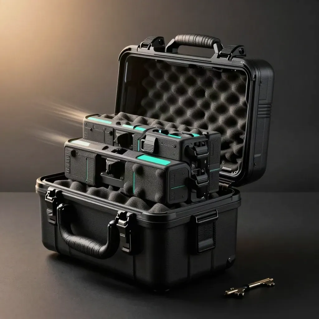 Open modular logistics case with teal inserts bursting apart in a dark studio.