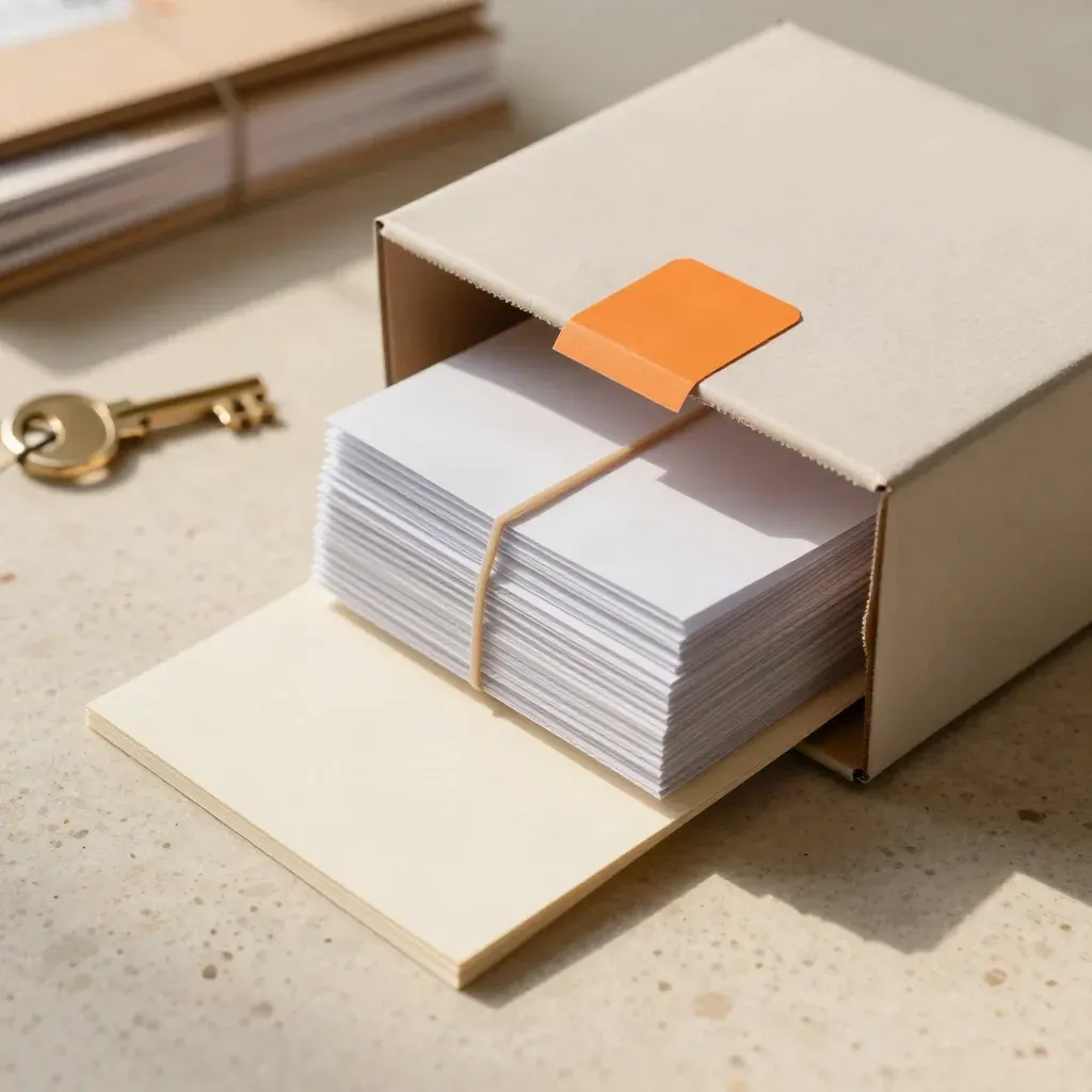 Courier pack partly out of a sleeve on travertine with route slips and an orange tab