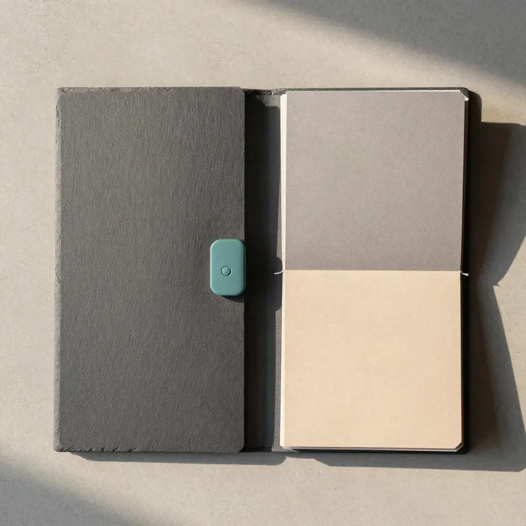 Overhead flatlay of an open slate review kit with teal accent on concrete
