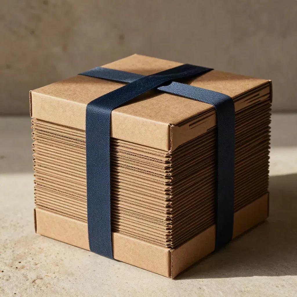 Triangular stack of kraft cartons with corner guards and navy wrap strap on stone.