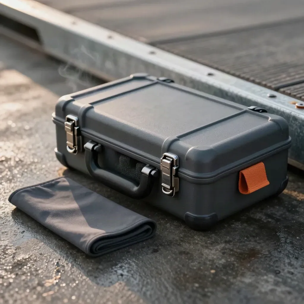 Dock handoff kit snapping shut beside a folded transfer sleeve on rain-dark concrete.