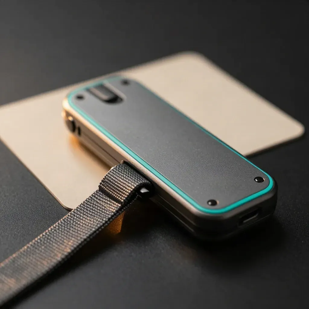 Macro of a teal-marked dispatch module with strap, tilting on matte black in haze.