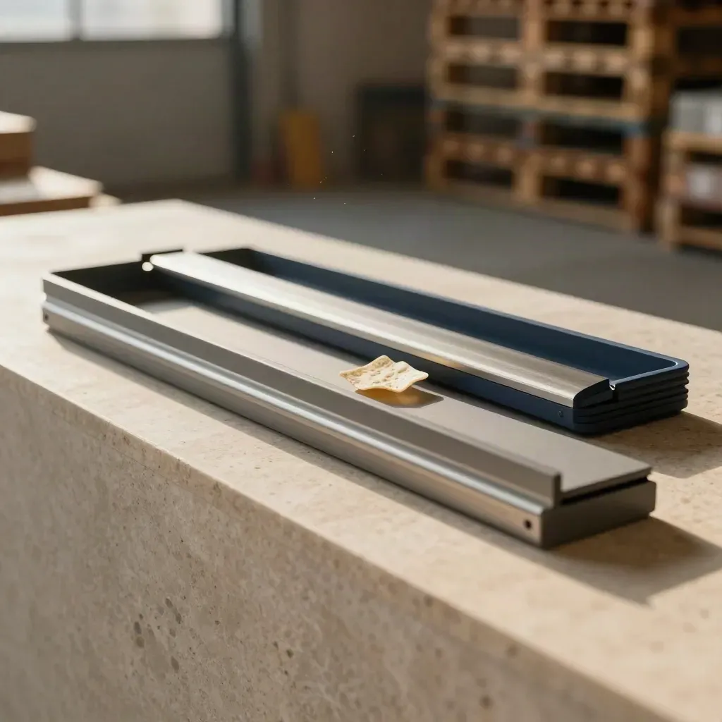 Layered logistics tray with spacers and cargo chip on a limestone ledge