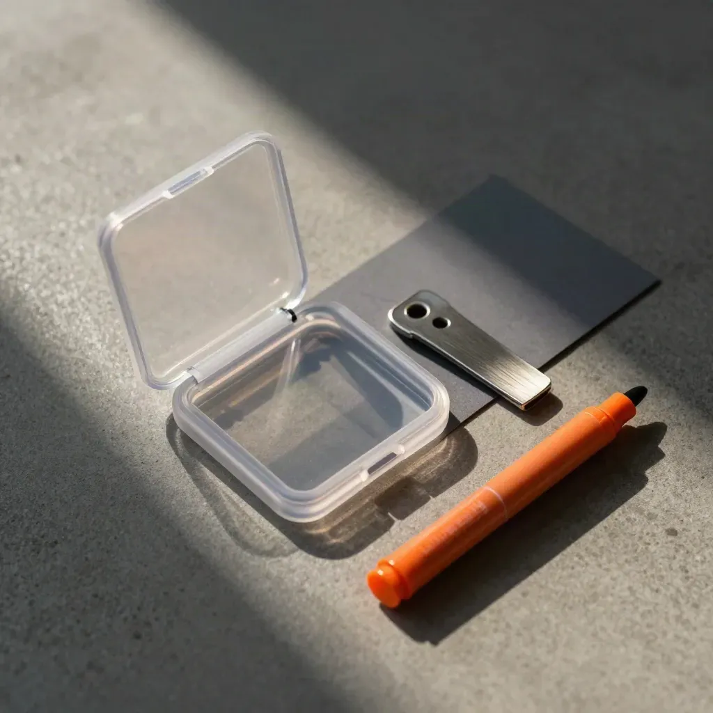 Top-down flatlay of a translucent status case, metal clip and orange marker on concrete.