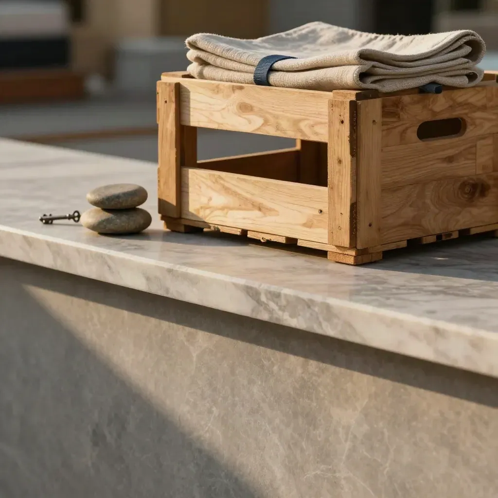Warm marble dock ledge with crate and route markers in soft sunlit logistics interior.
