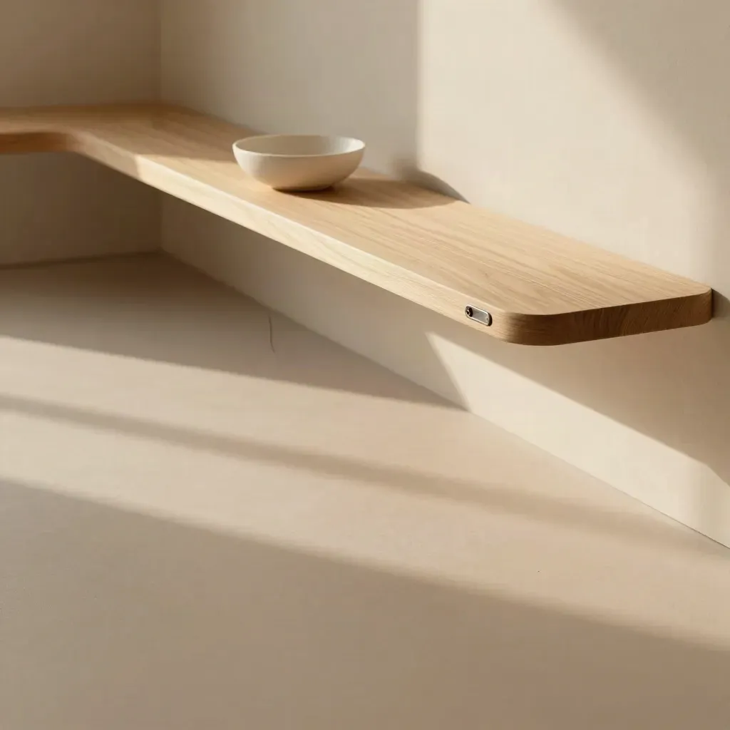 Pale wood bench corner with ceramic bowl and routed cable line in soft golden light.
