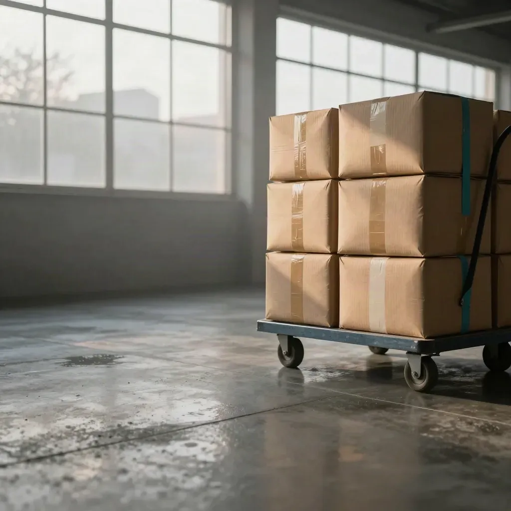Logistics parcels and trolley on wet concrete in a sunlit warehouse interior