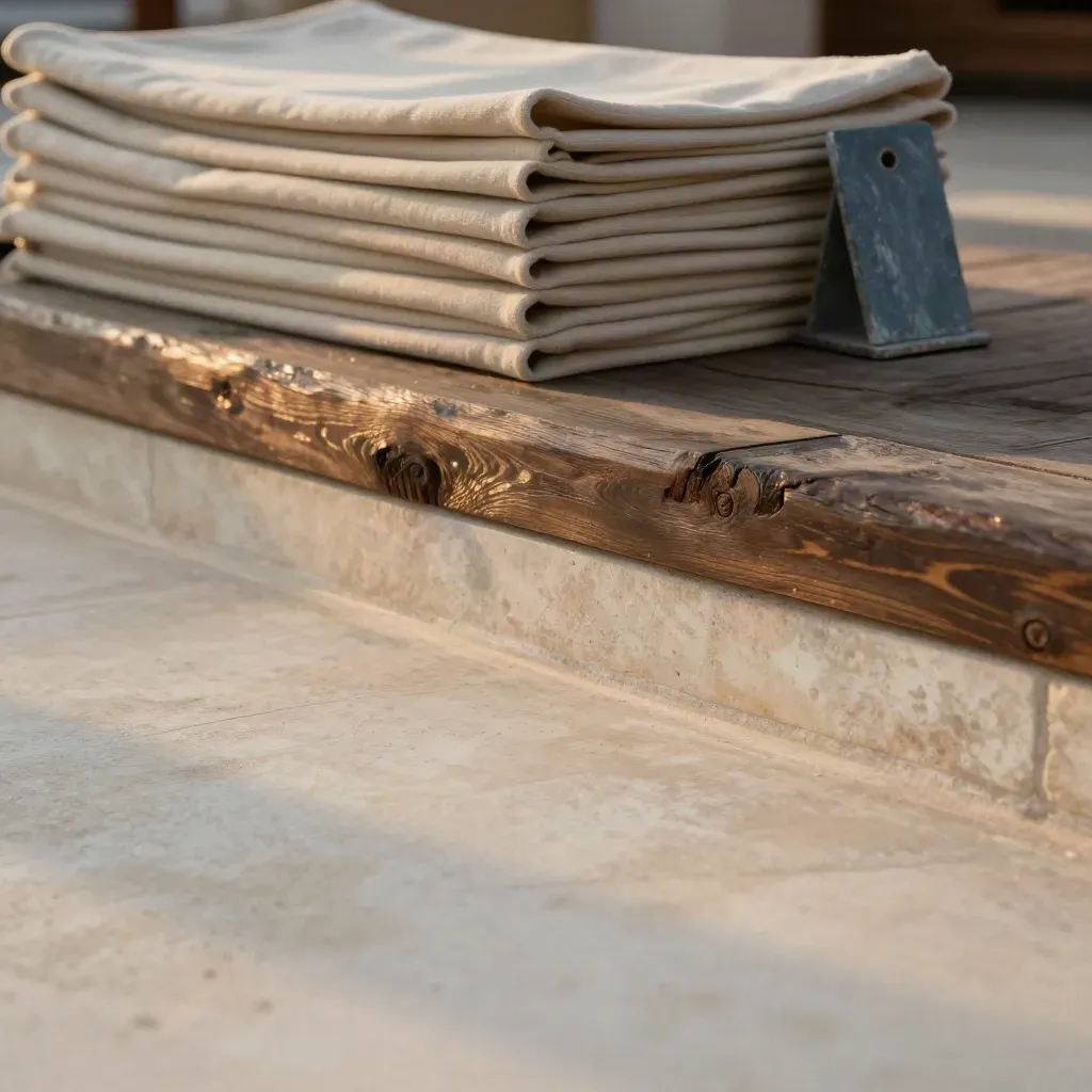 Pale stone warehouse threshold with tarps and dock marker in warm golden light