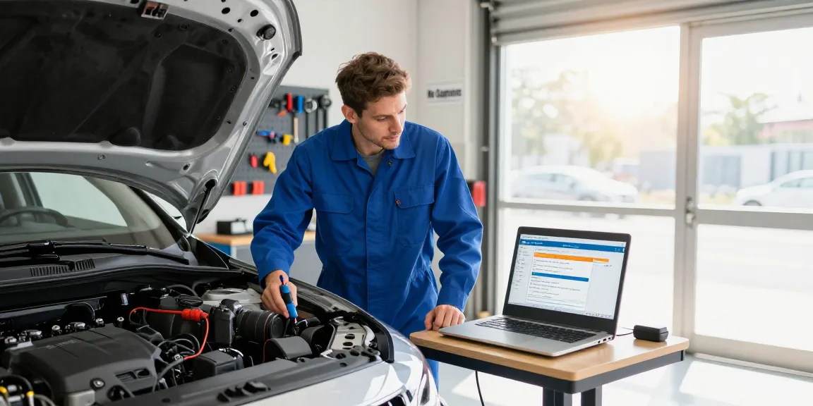 Car history check UK showing a mechanic inspecting a vehicle in a bright garage with diagnostic equipment.