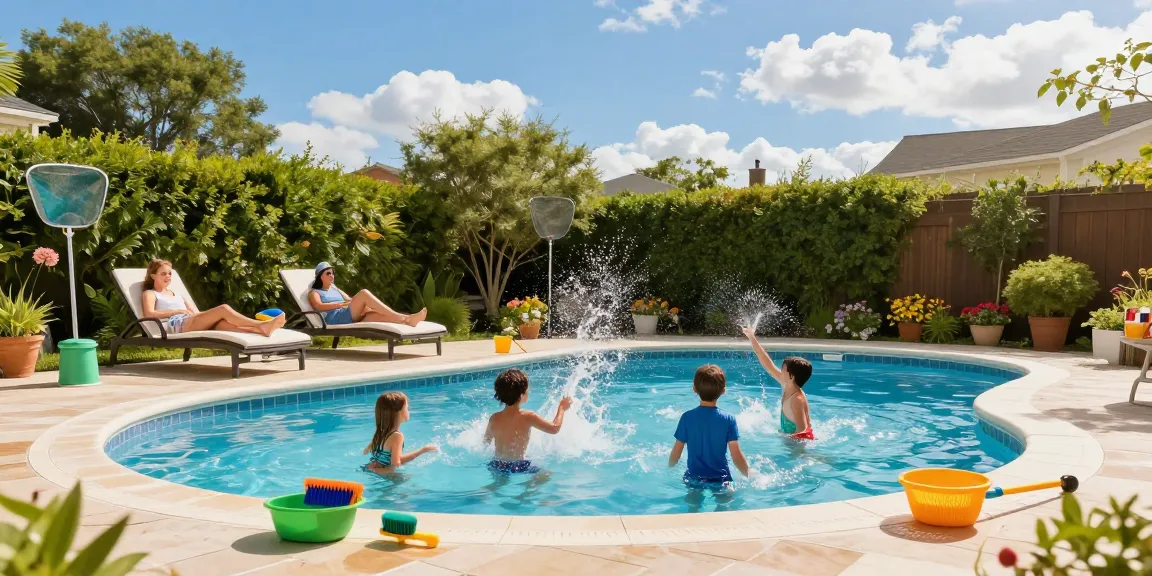 Dolphin Pool Services ensuring families enjoy a clean and vibrant pool environment, showcasing joyful moments and professional maintenance equipment.